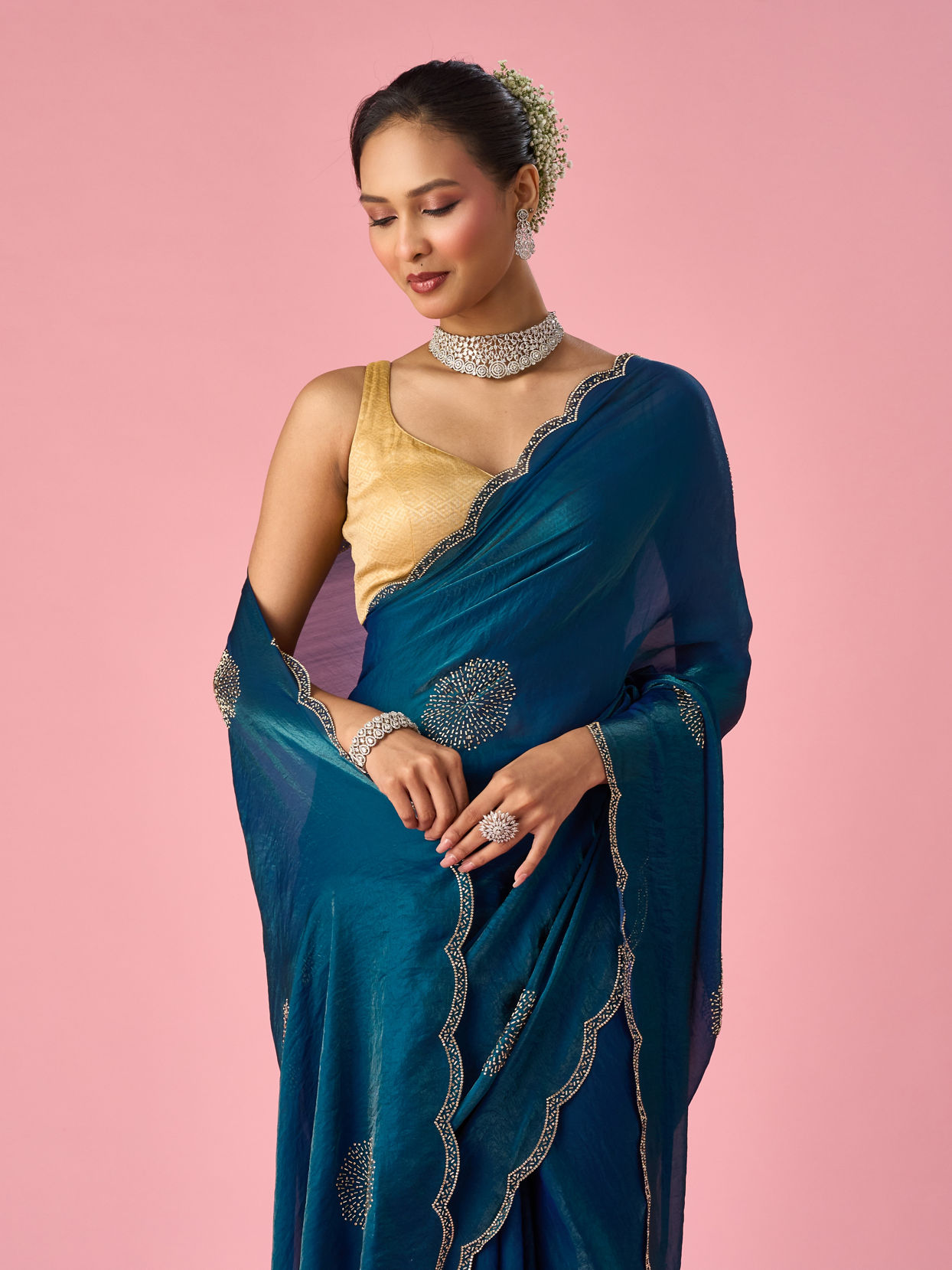 Mohey Women Green Organza Saree with Stone Work