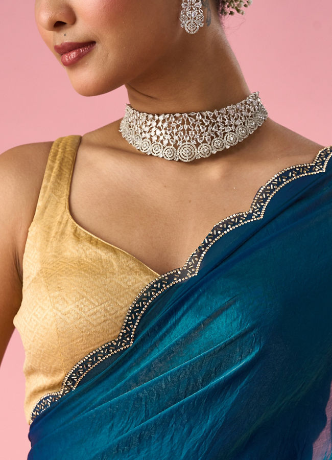 Mohey Women Green Organza Saree with Stone Work