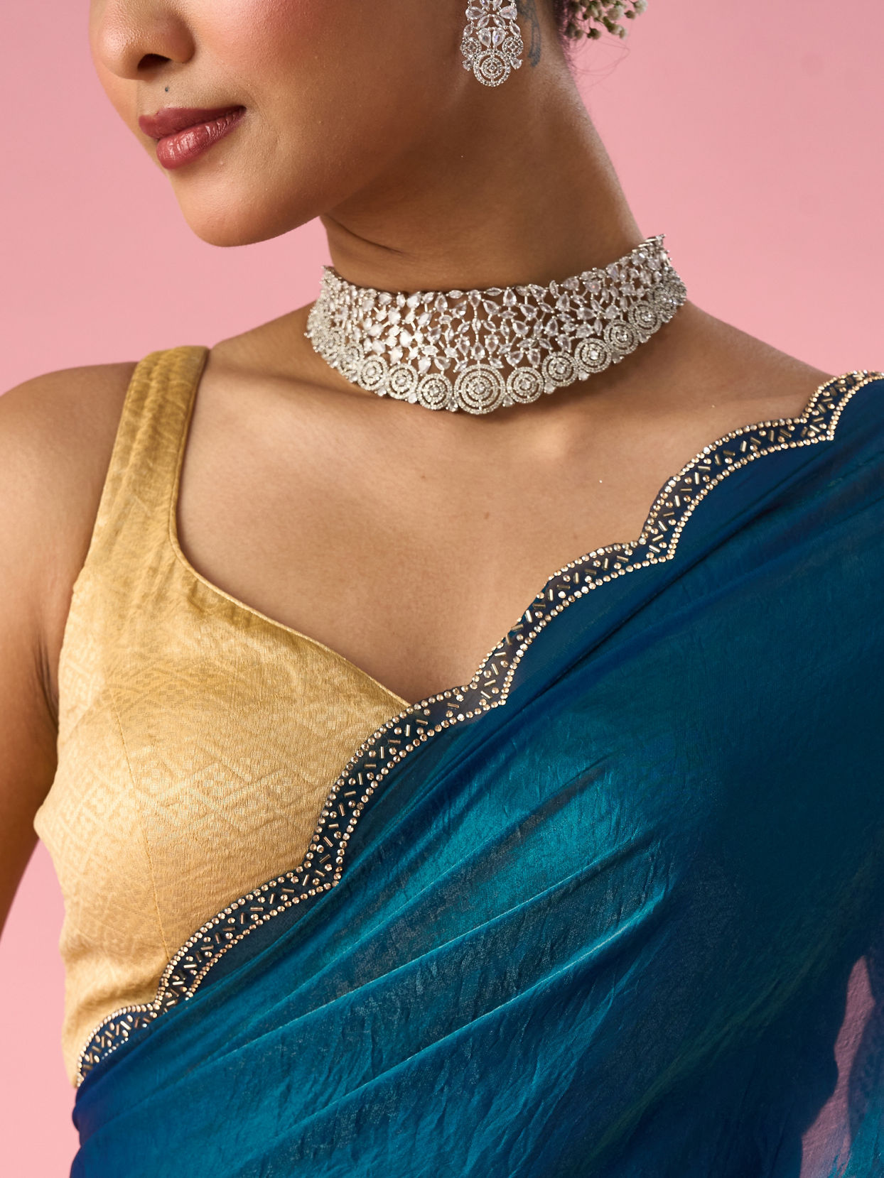 Mohey Women Green Organza Saree with Stone Work