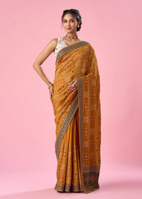 Mohey Women Mustard Yellow Art Silk Saree with Stone Work