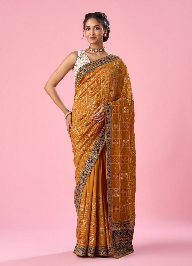 Mohey Women Mustard Yellow Art Silk Saree with Stone Work