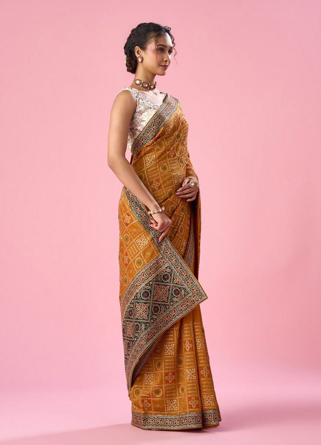 Mohey Women Mustard Yellow Art Silk Saree with Stone Work