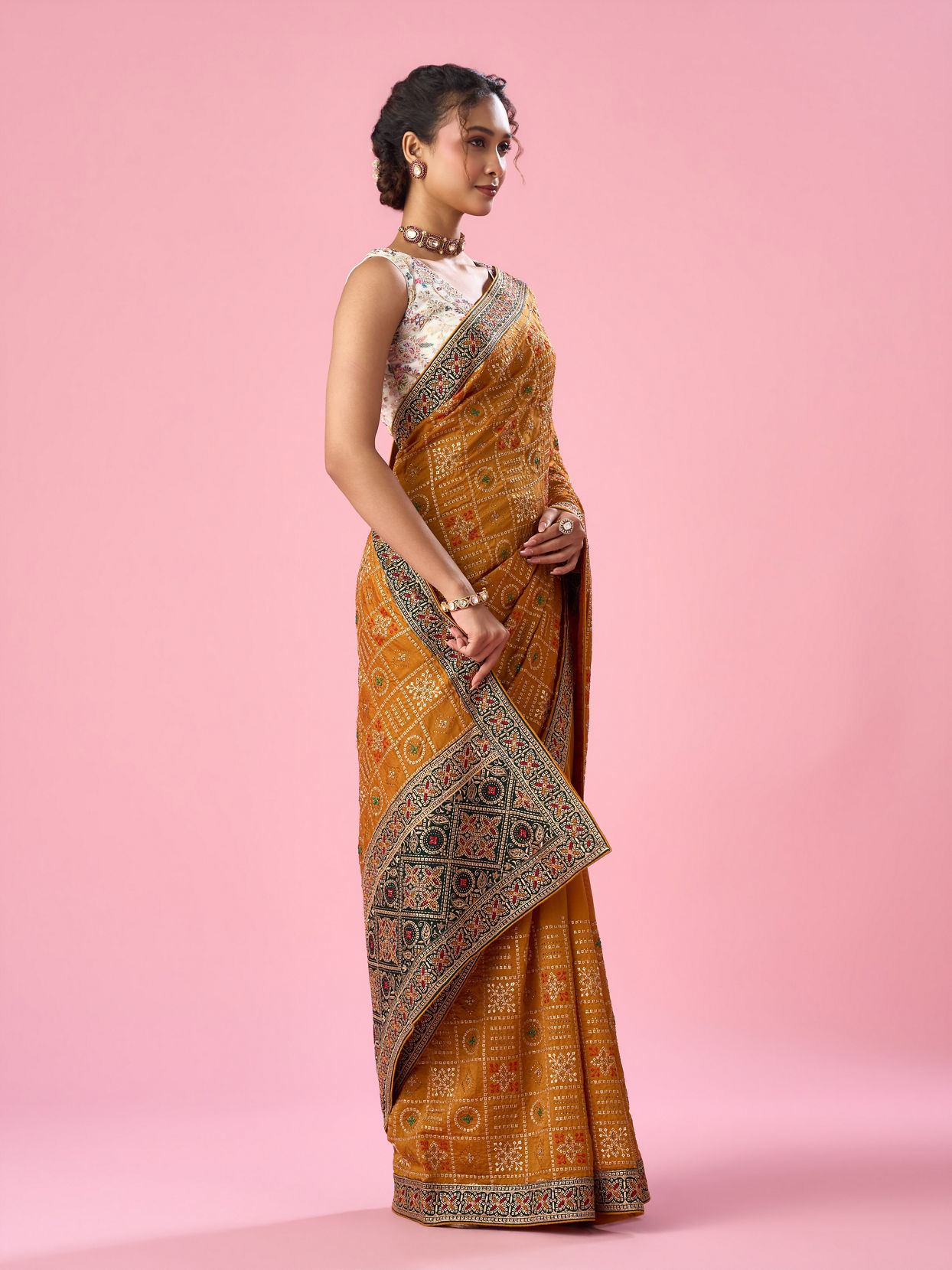 Mohey Women Mustard Yellow Art Silk Saree with Stone Work