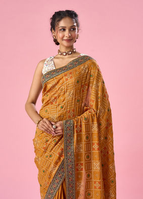 Mohey Women Mustard Yellow Art Silk Saree with Stone Work