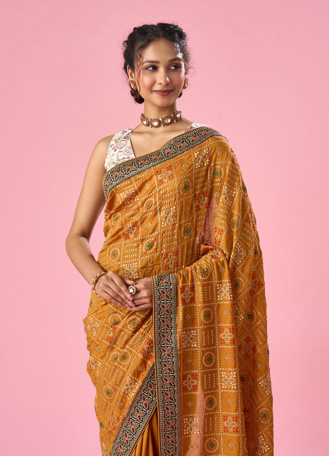 Mohey Women Mustard Yellow Art Silk Saree with Stone Work