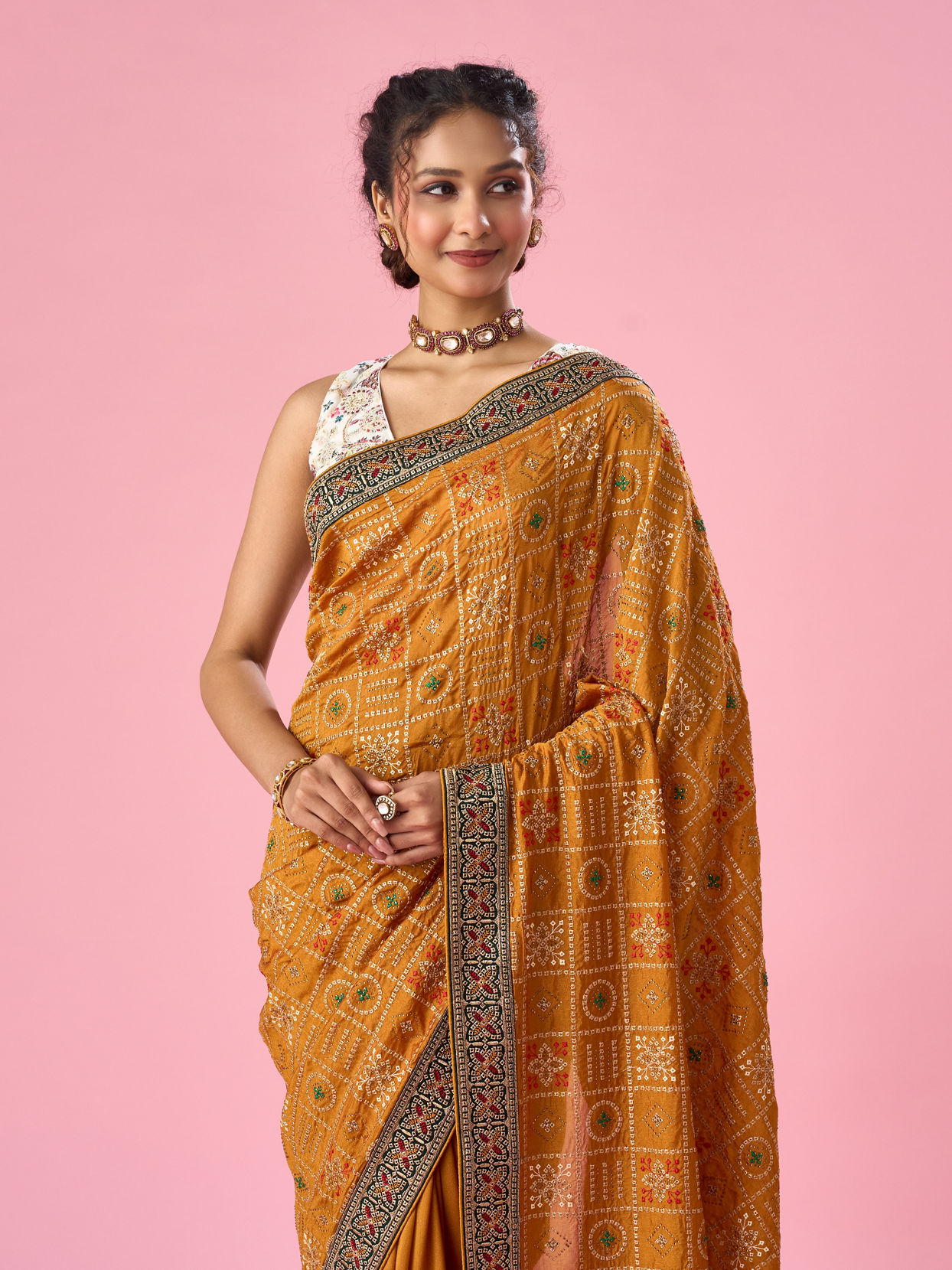Mohey Women Mustard Yellow Art Silk Saree with Stone Work