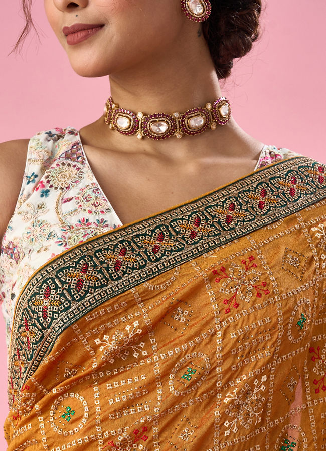 Mohey Women Mustard Yellow Art Silk Saree with Stone Work