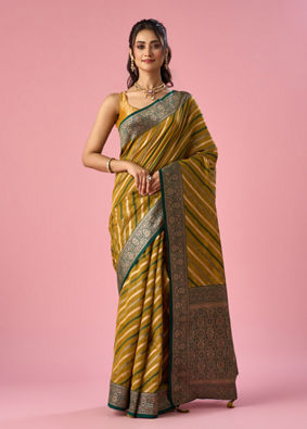 Mohey Women Green Art Silk Saree with Stripes