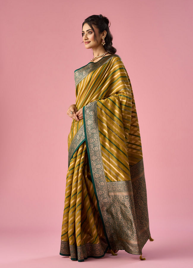 Mohey Women Green Art Silk Saree with Stripes