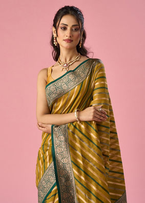 Mohey Women Green Art Silk Saree with Stripes