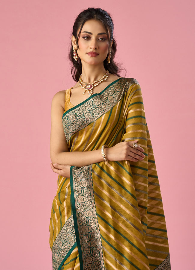 Mohey Women Green Art Silk Saree with Stripes