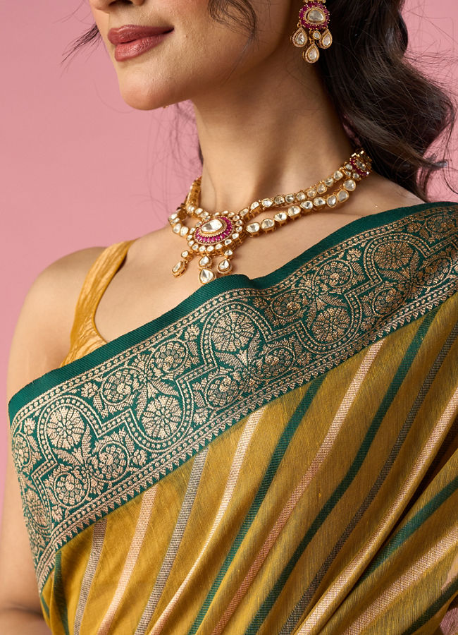 Mohey Women Green Art Silk Saree with Stripes