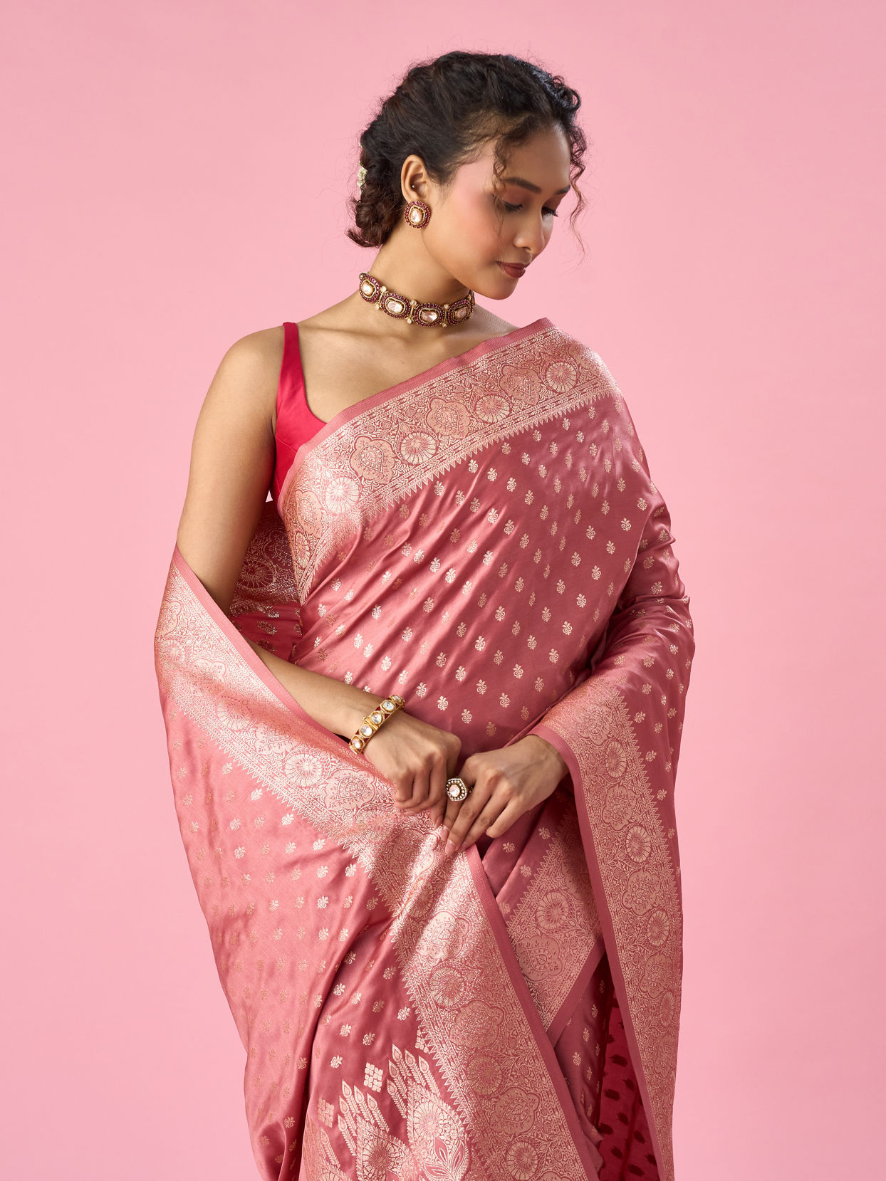 Mohey Women Dusty Pink Art Silk Banarasi Saree with Weave