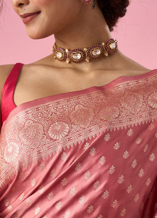 Mohey Women Dusty Pink Art Silk Banarasi Saree with Weave