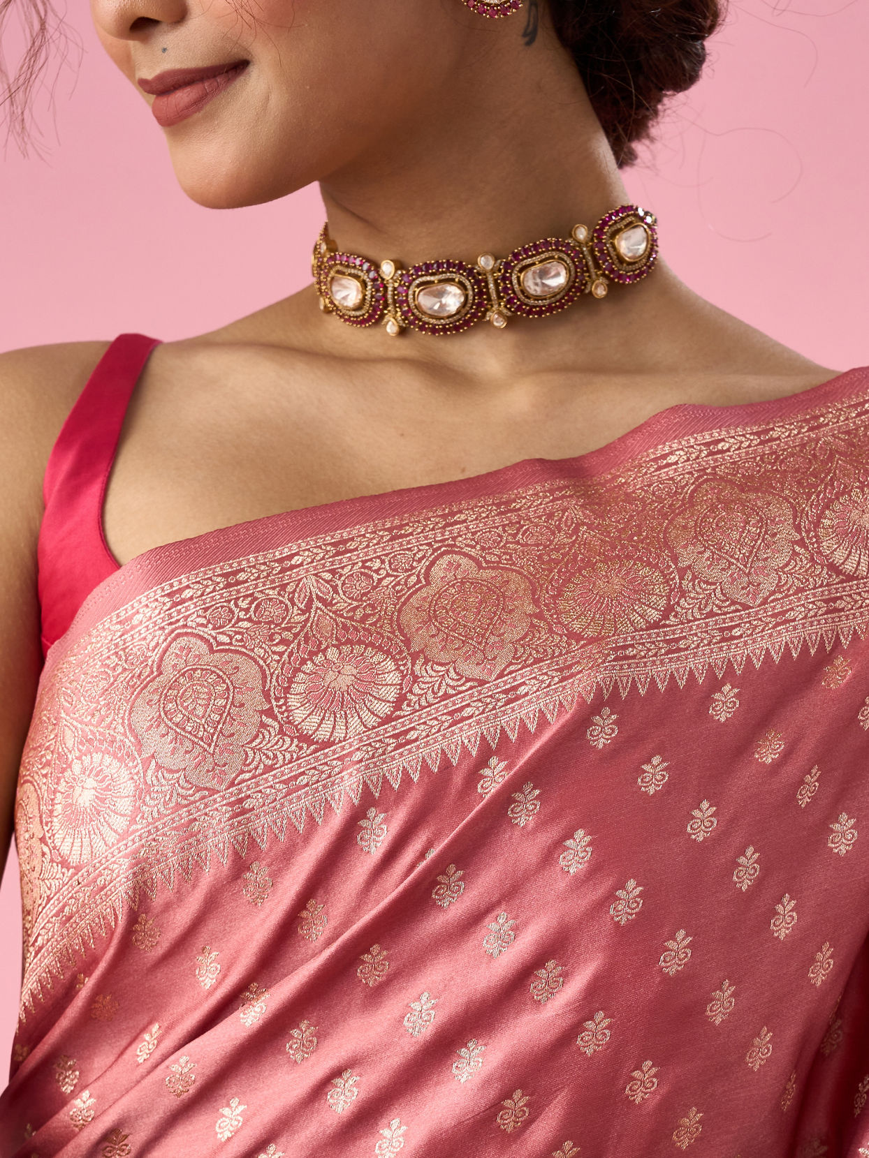 Mohey Women Dusty Pink Art Silk Banarasi Saree with Weave