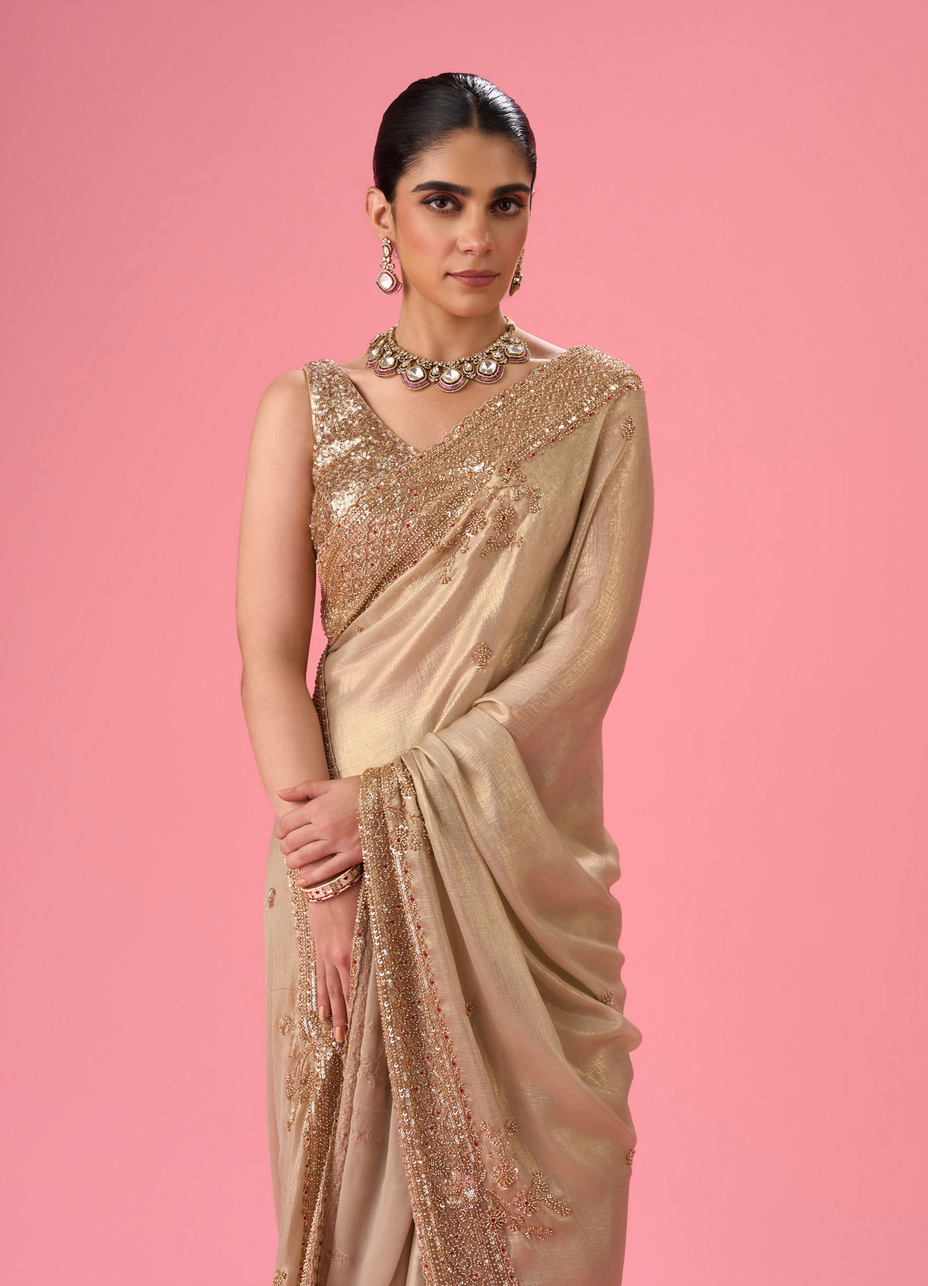 Mohey Women Elegant Chiffon Cream Saree