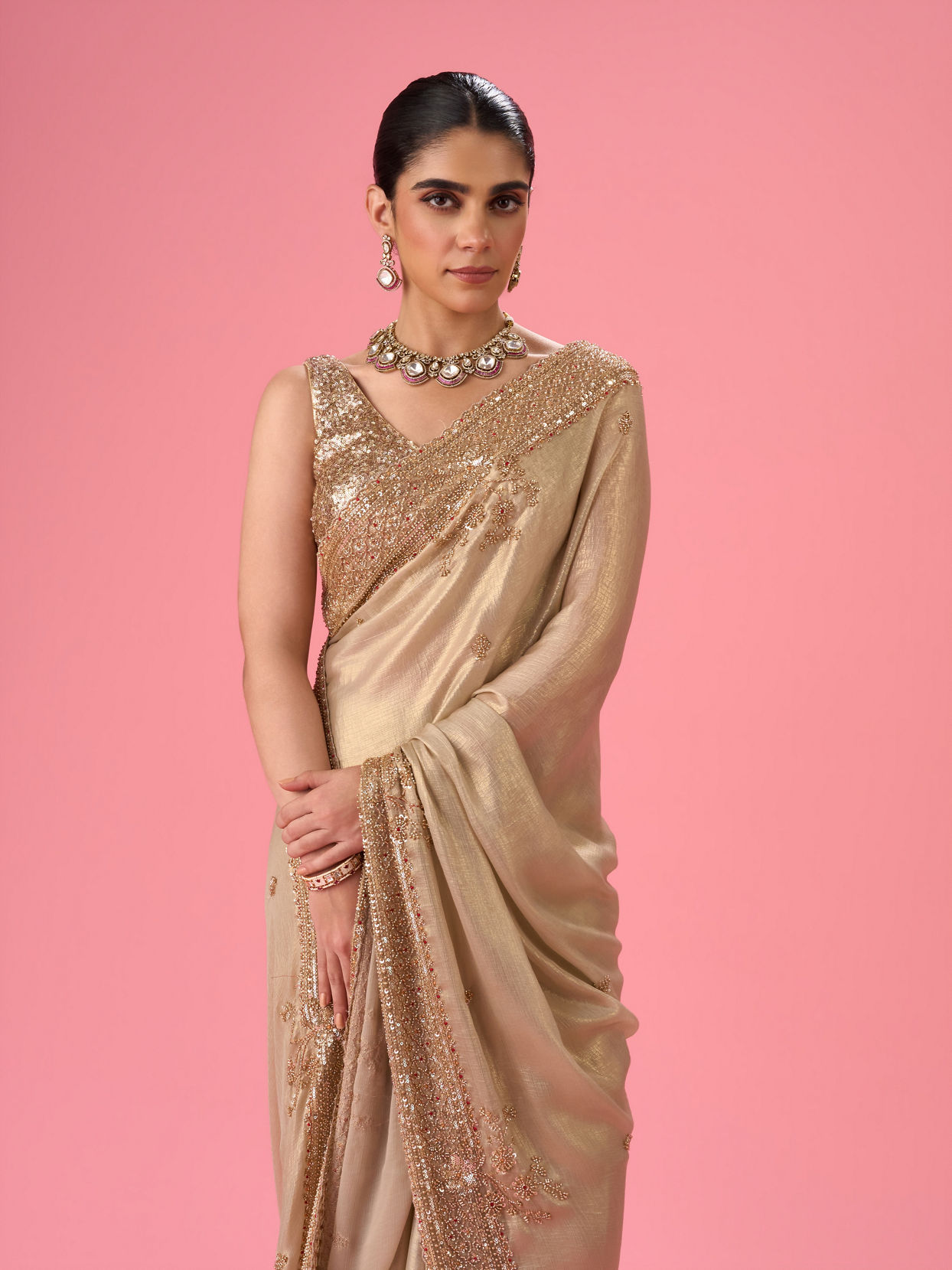Mohey Women Elegant Chiffon Cream Saree