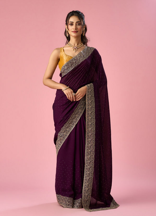 Mohey Women Purple Art Silk Saree with Stone Work