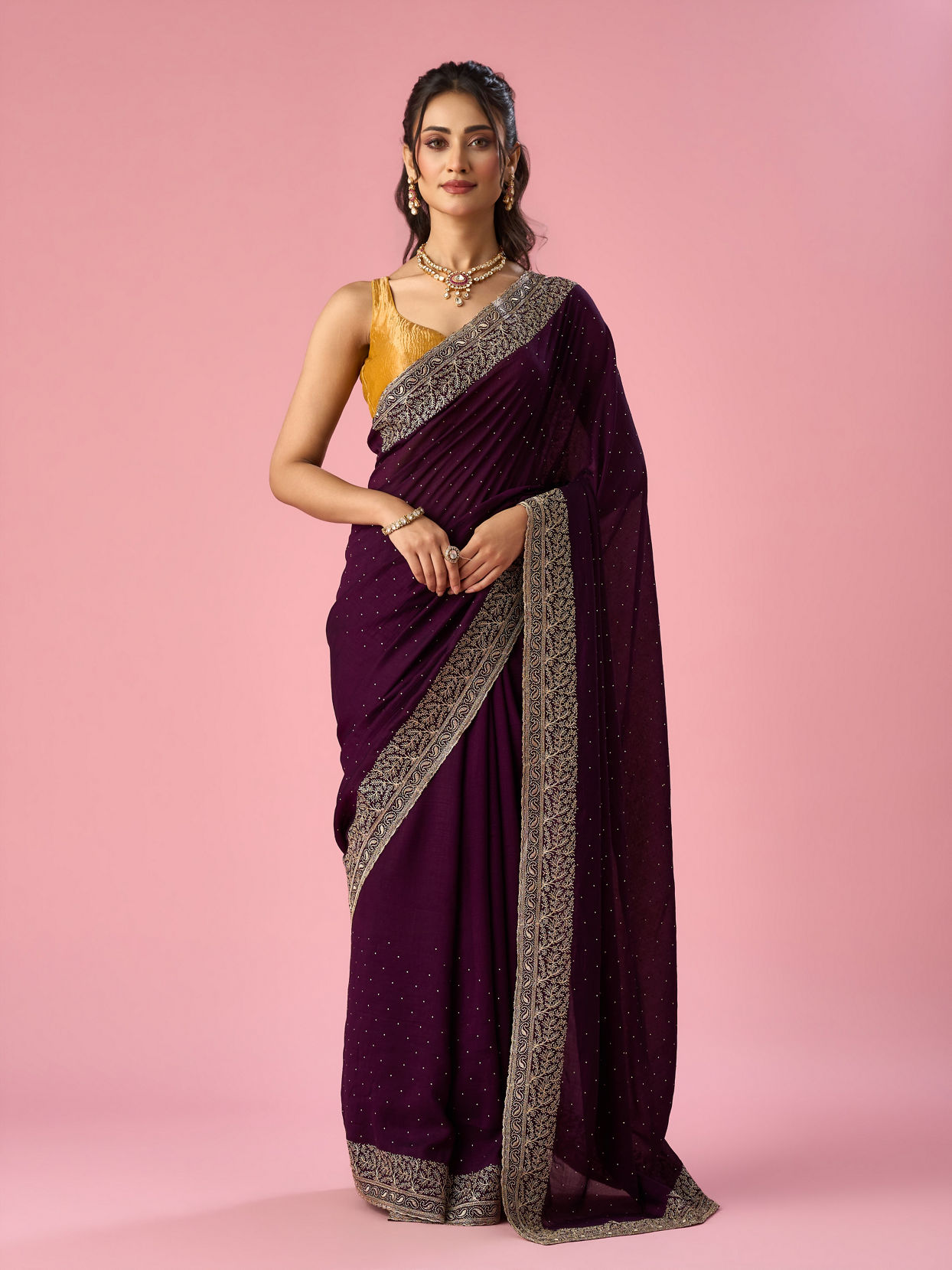 Mohey Women Purple Art Silk Saree with Stone Work