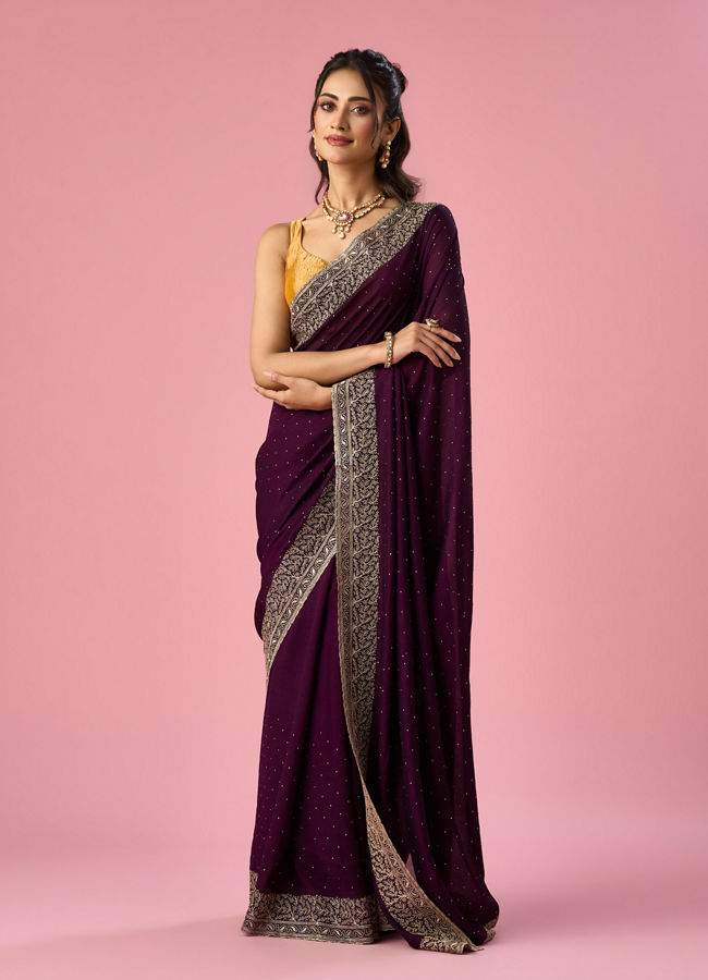 Mohey Women Purple Art Silk Saree with Stone Work