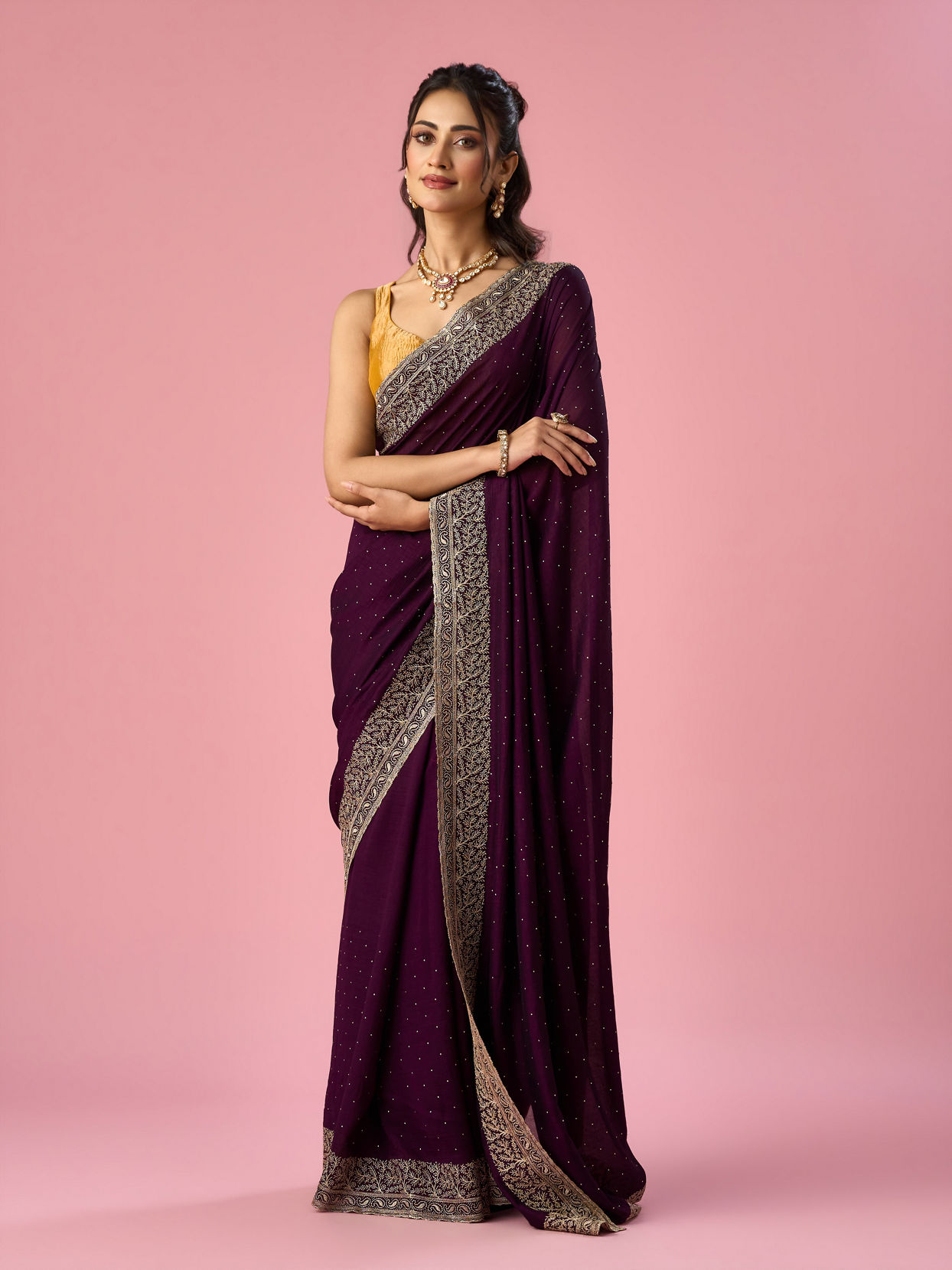 Mohey Women Purple Art Silk Saree with Stone Work