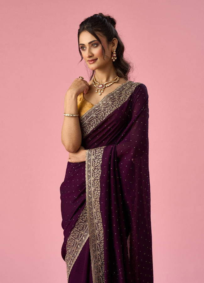 Mohey Women Purple Art Silk Saree with Stone Work