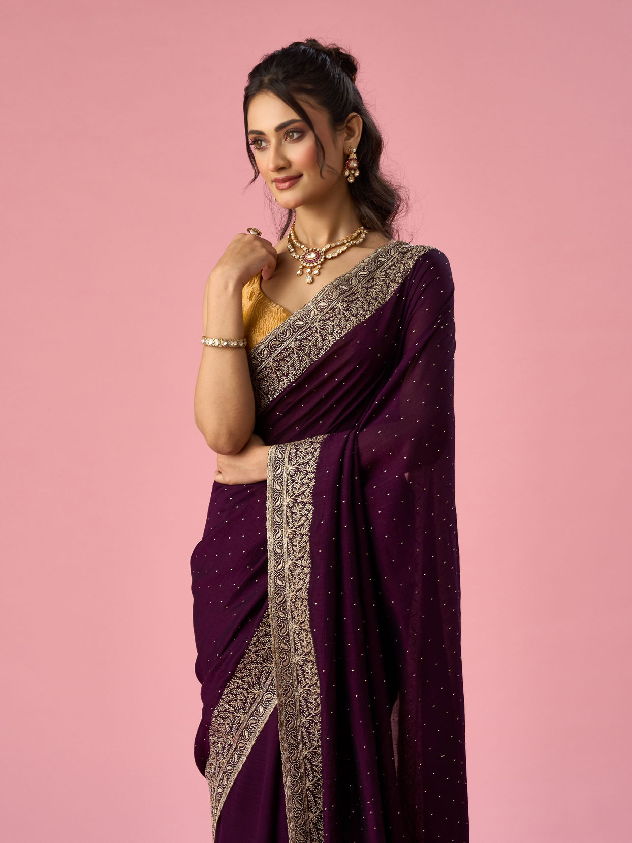 Mohey Women Purple Art Silk Saree with Stone Work