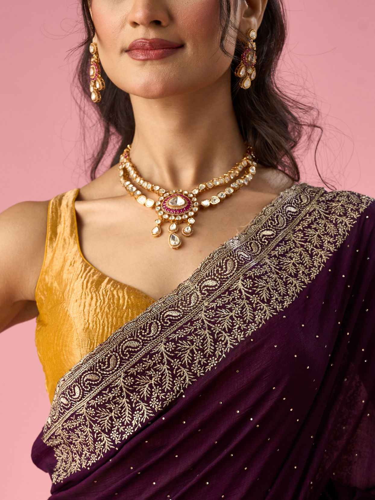 Mohey Women Purple Art Silk Saree with Stone Work