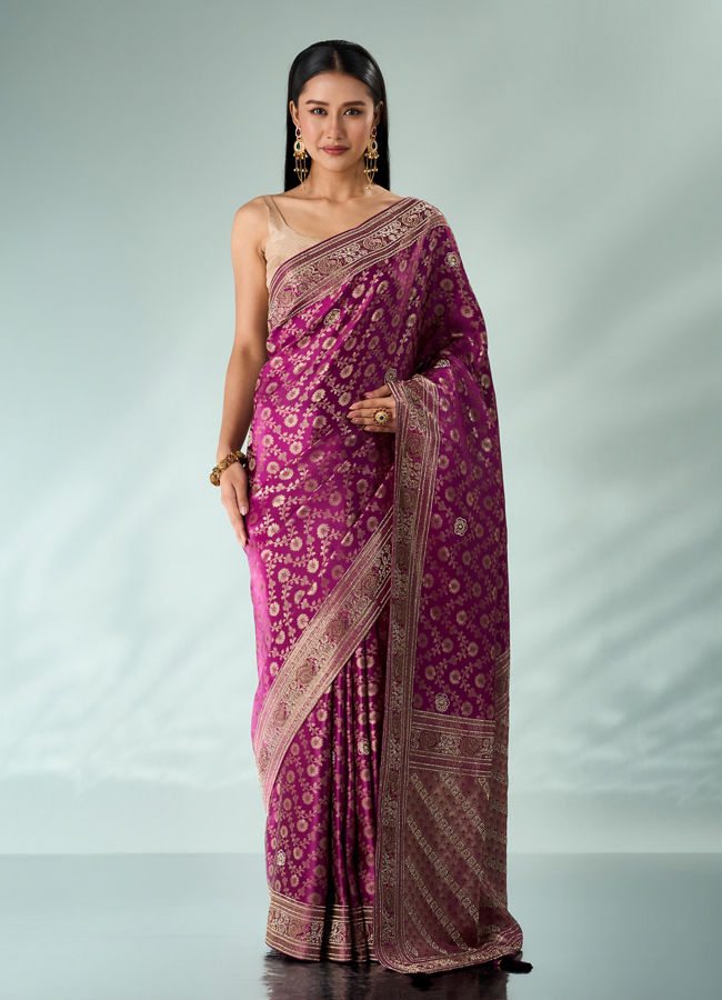 Mohey Women Wine Silk Banarasi Saree with Stone Work