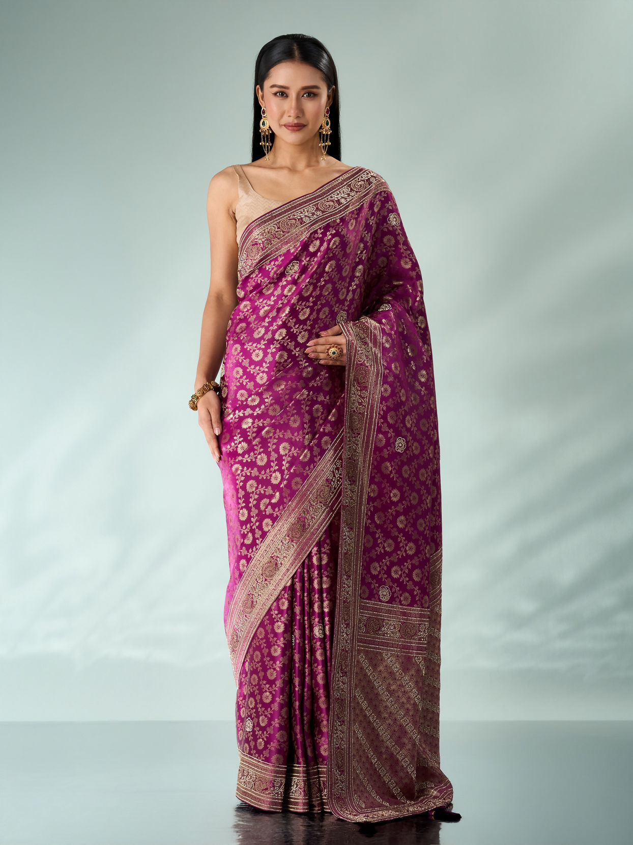 Mohey Women Wine Silk Banarasi Saree with Stone Work