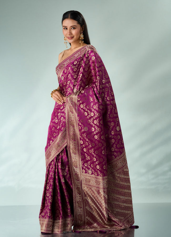 Mohey Women Wine Silk Banarasi Saree with Stone Work