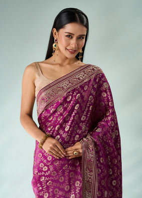 Mohey Women Wine Silk Banarasi Saree with Stone Work