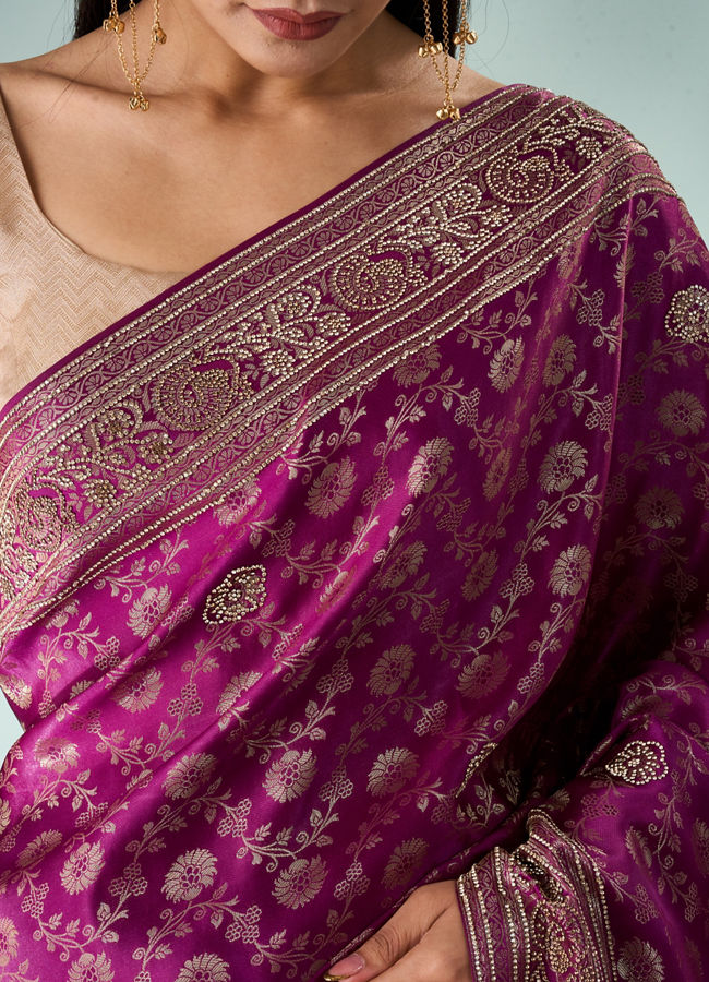 Mohey Women Wine Silk Banarasi Saree with Stone Work