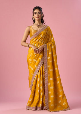 Mohey Women Mustard Yellow Art Silk Banarasi Saree with Hand Embroidery