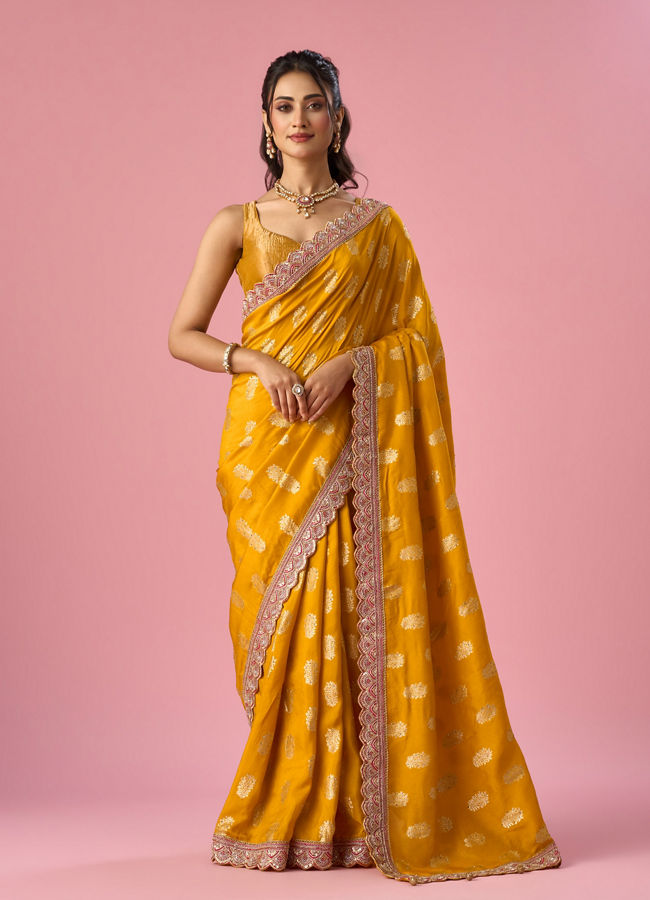 Mohey Women Mustard Yellow Art Silk Banarasi Saree with Hand Embroidery