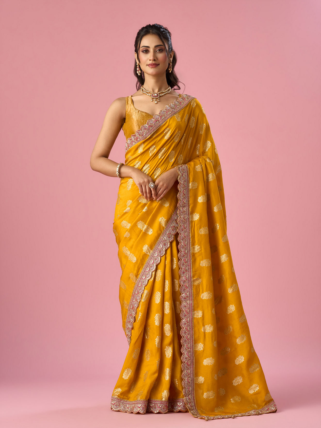 Mohey Women Mustard Yellow Art Silk Banarasi Saree with Hand Embroidery