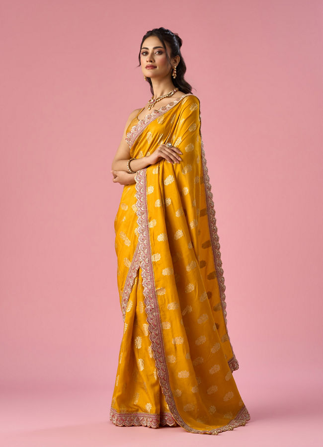Mohey Women Mustard Yellow Art Silk Banarasi Saree with Hand Embroidery