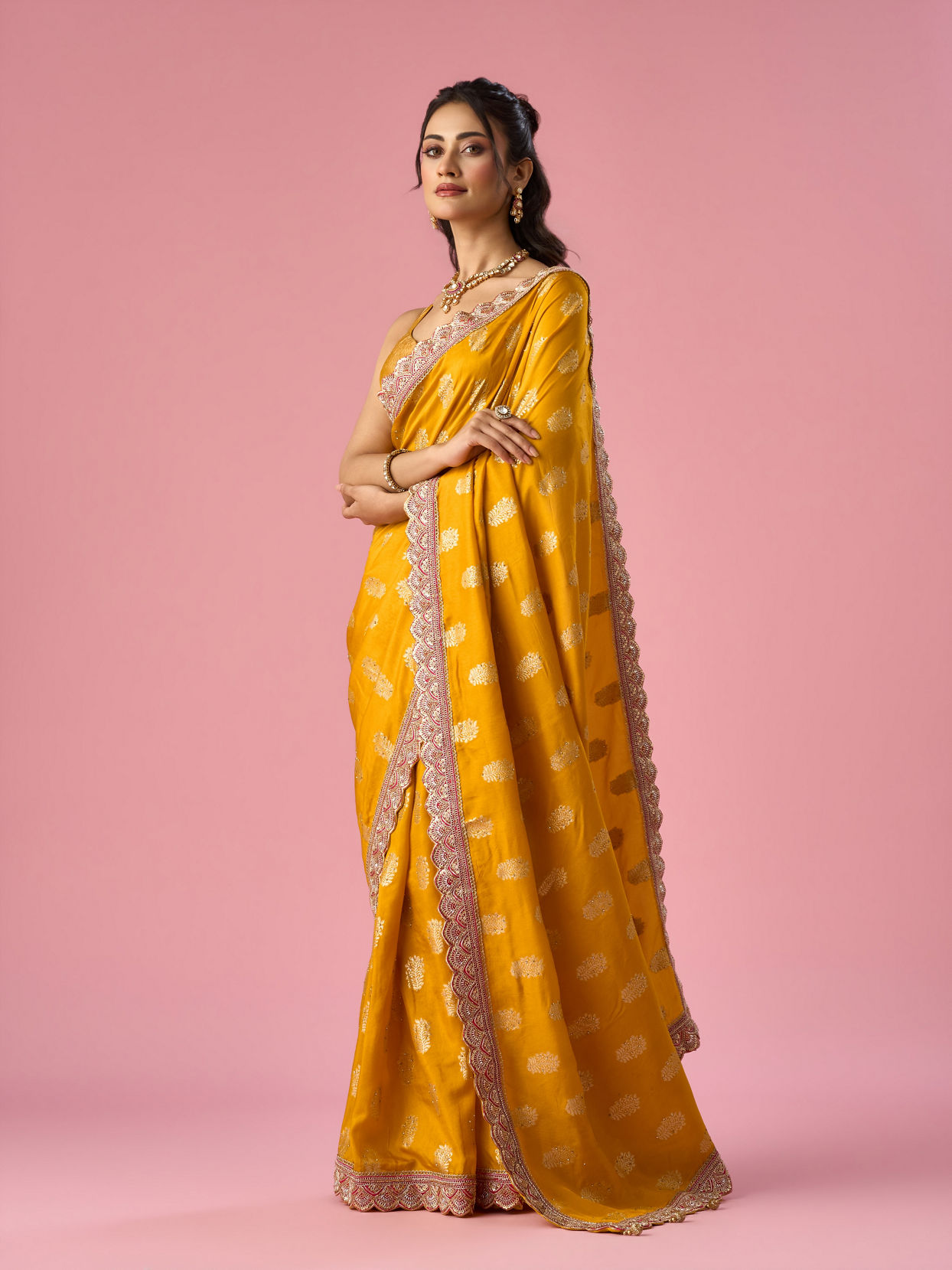 Mohey Women Mustard Yellow Art Silk Banarasi Saree with Hand Embroidery
