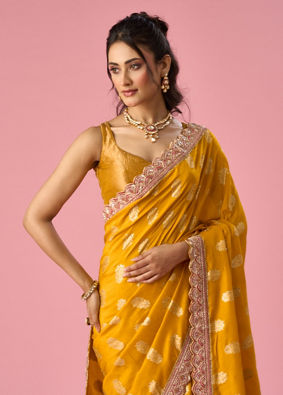 Mohey Women Mustard Yellow Art Silk Banarasi Saree with Hand Embroidery