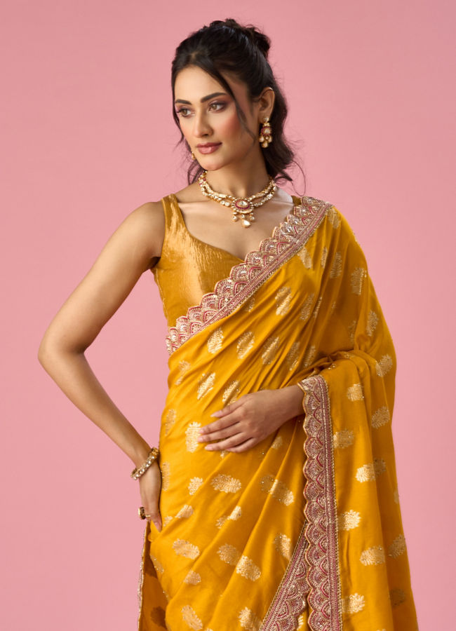 Mohey Women Mustard Yellow Art Silk Banarasi Saree with Hand Embroidery