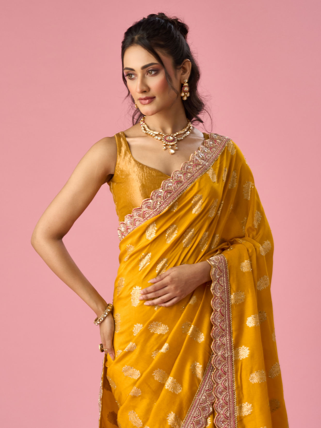 Mohey Women Mustard Yellow Art Silk Banarasi Saree with Hand Embroidery