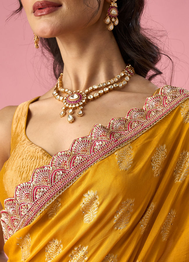 Mohey Women Mustard Yellow Art Silk Banarasi Saree with Hand Embroidery