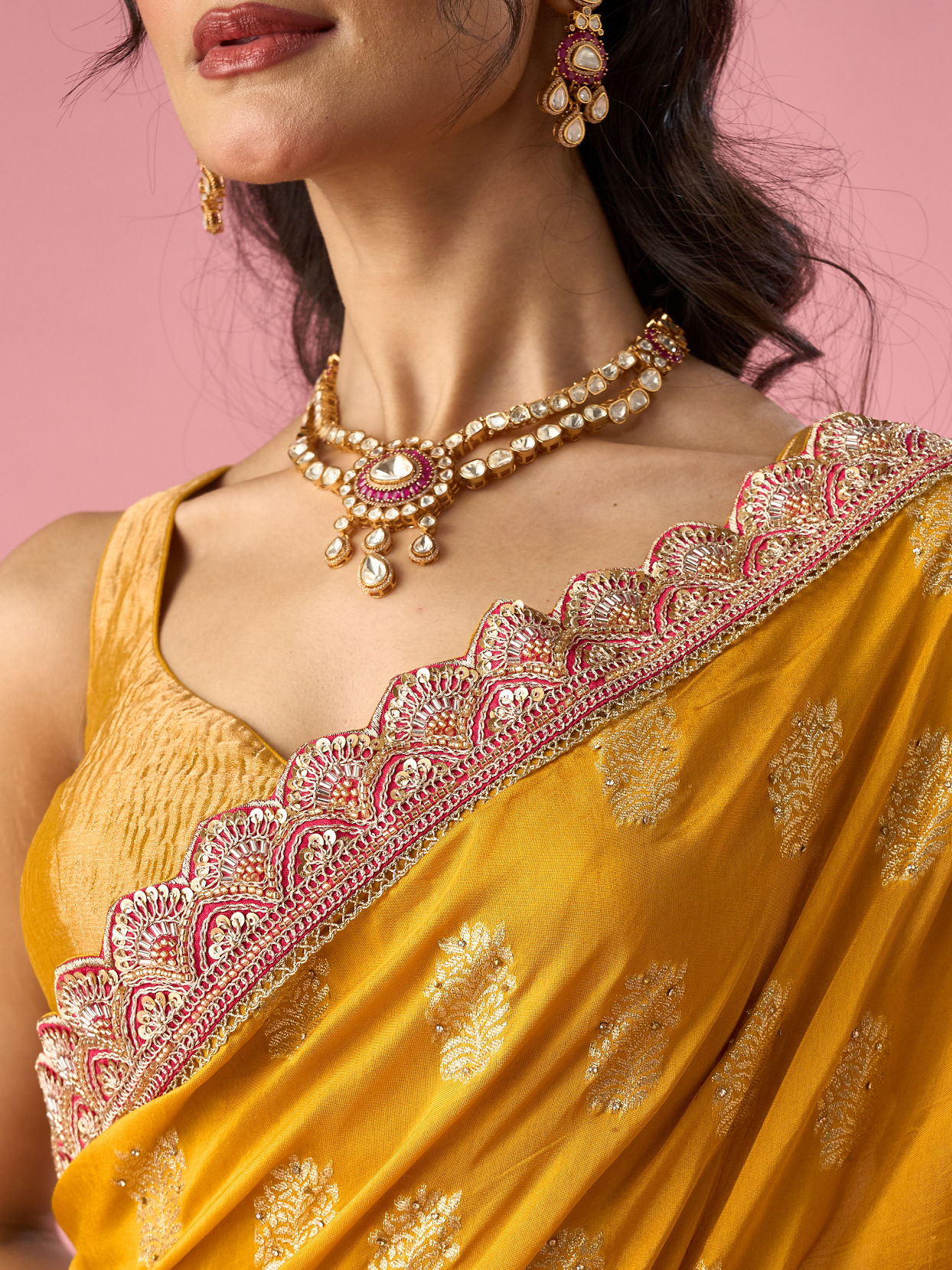 Mohey Women Mustard Yellow Art Silk Banarasi Saree with Hand Embroidery