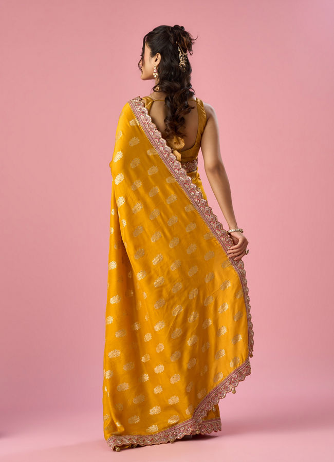 Mohey Women Mustard Yellow Art Silk Banarasi Saree with Hand Embroidery