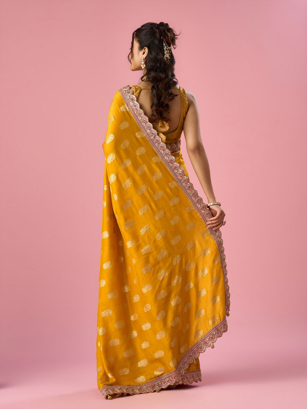 Mohey Women Mustard Yellow Art Silk Banarasi Saree with Hand Embroidery
