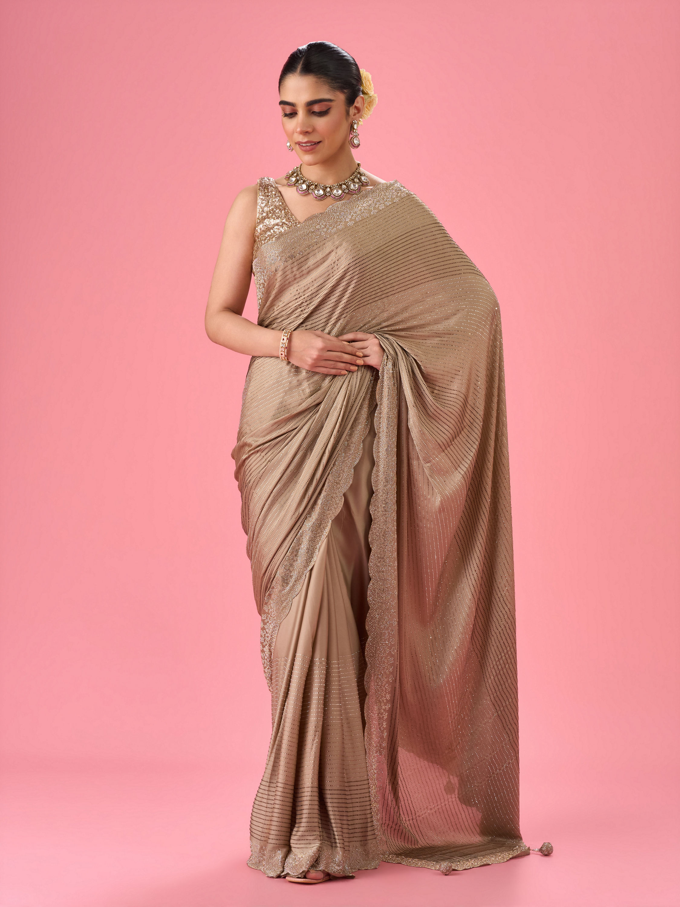 Mohey Women Beige Satin Celebration Saree