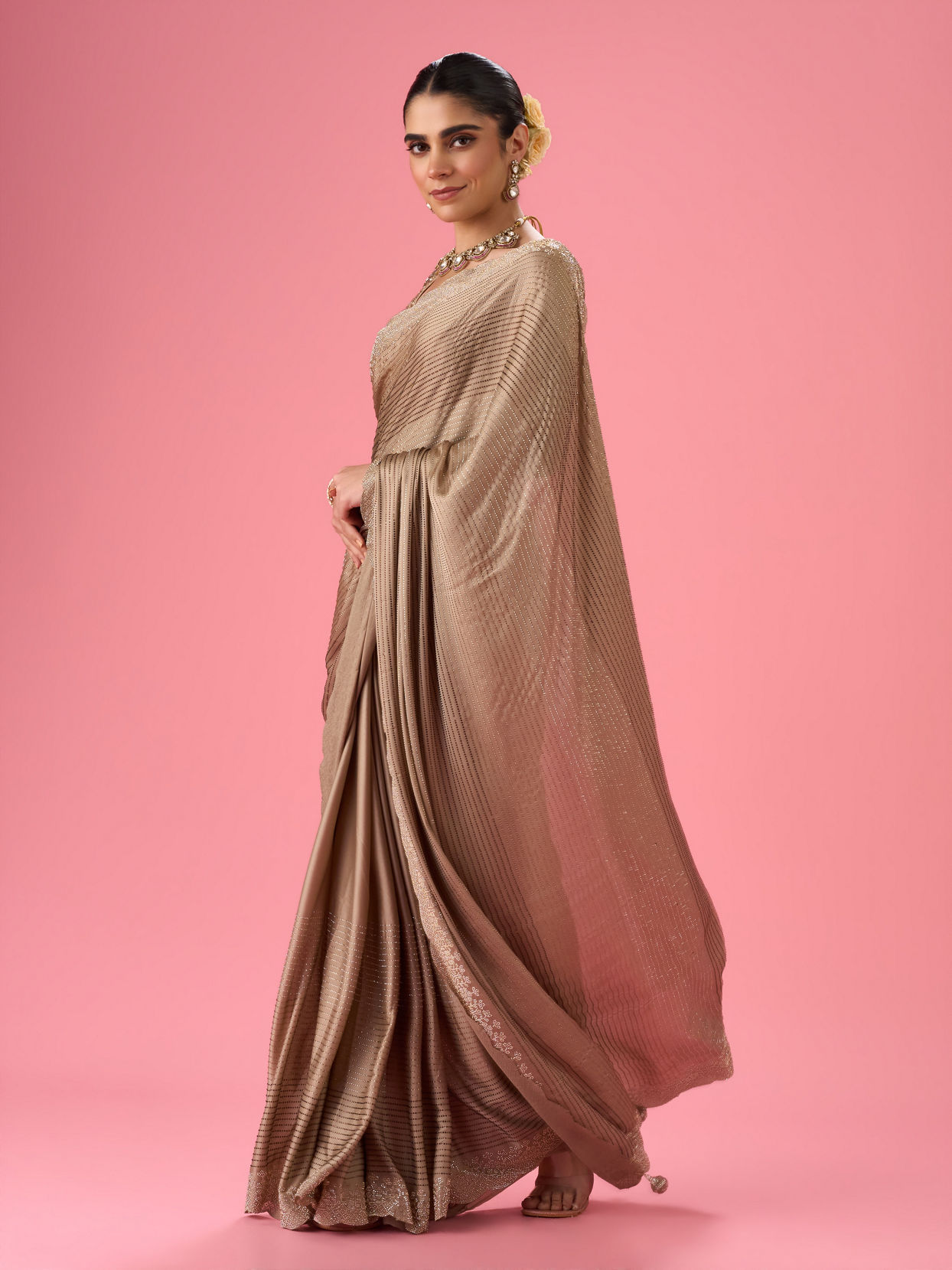 Mohey Women Beige Satin Celebration Saree