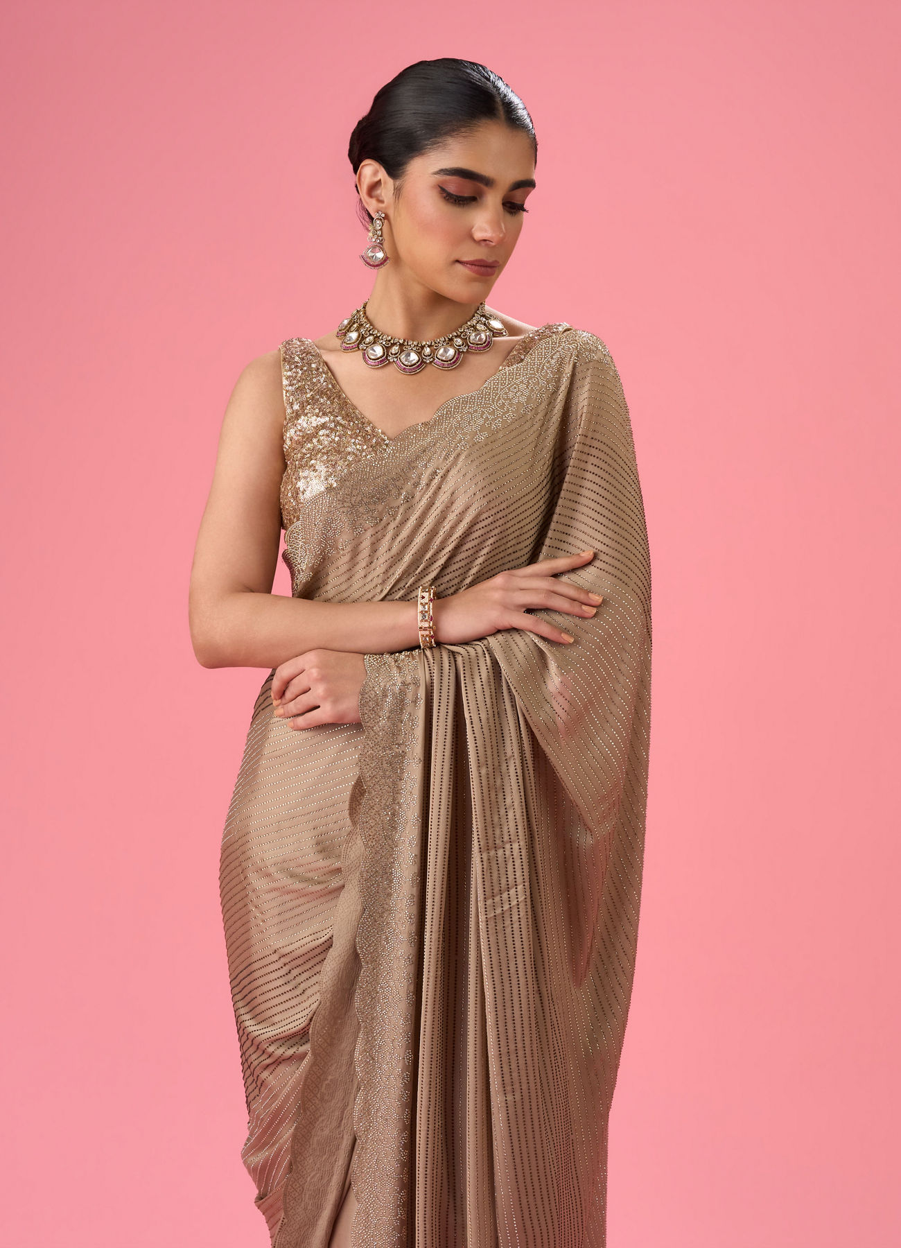Mohey Women Beige Satin Celebration Saree