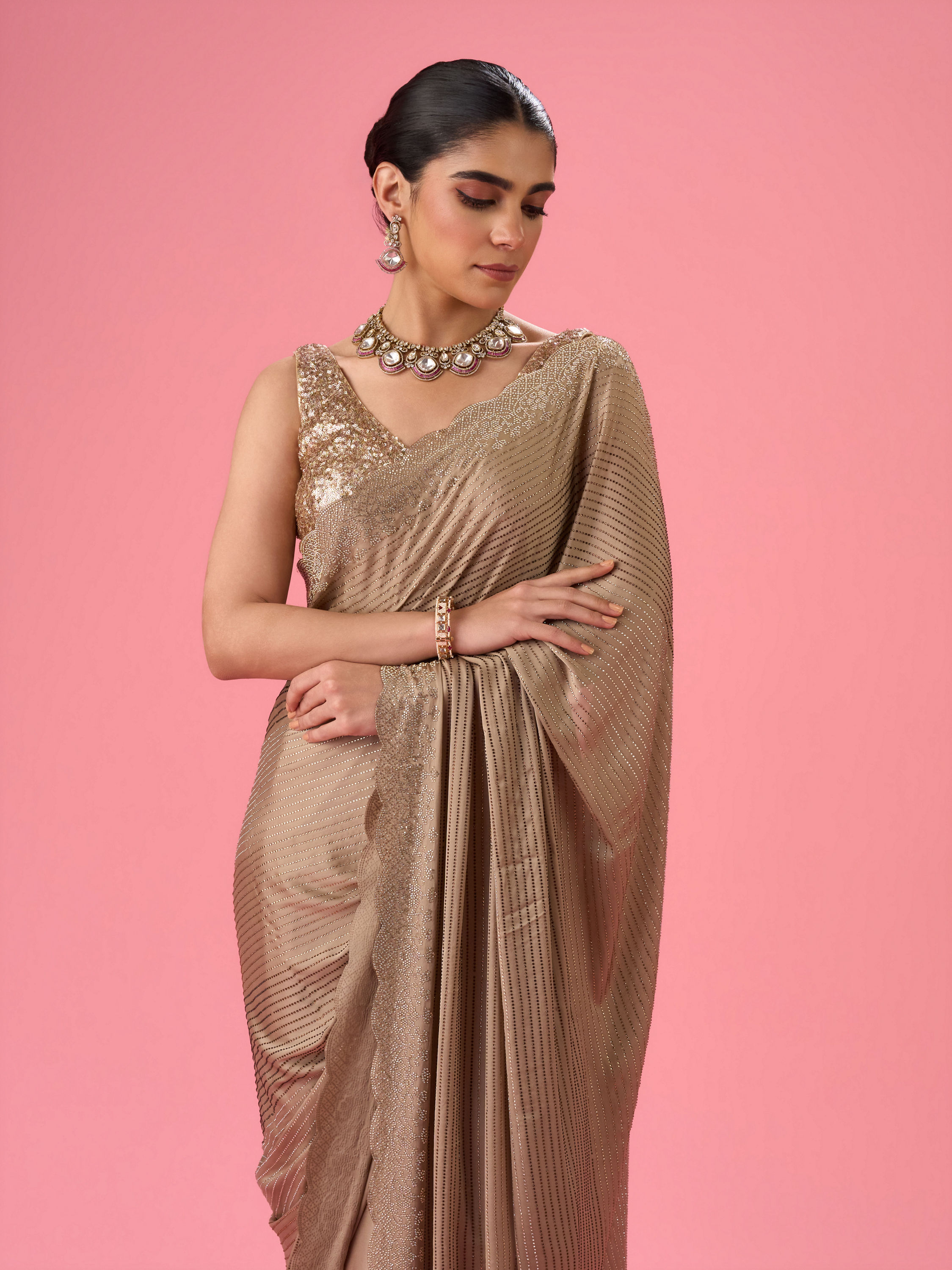 Mohey Women Beige Satin Celebration Saree