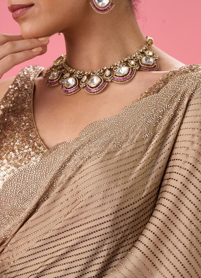 Mohey Women Beige Satin Celebration Saree